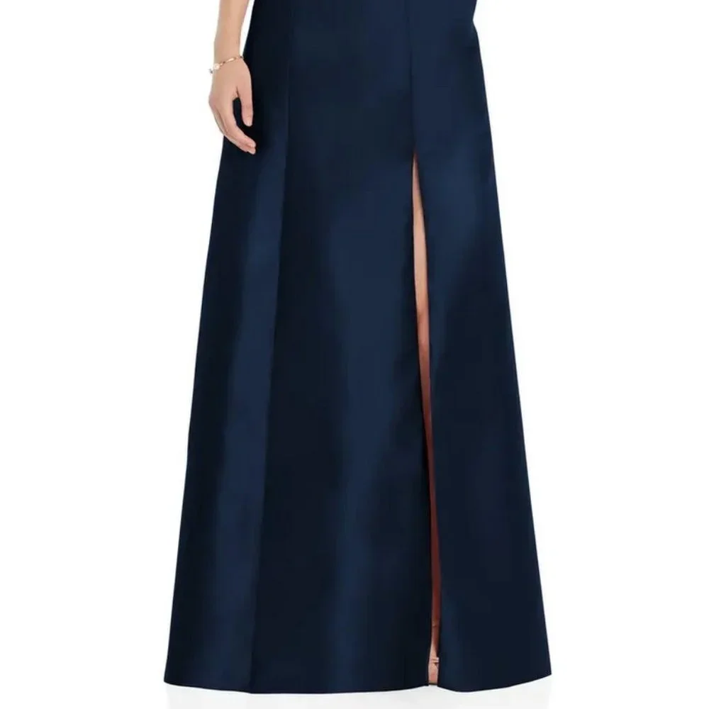 Alfred Sung D826 Midnight Blue Square Neck Satin A-Line Gown - Picture 2 of 6